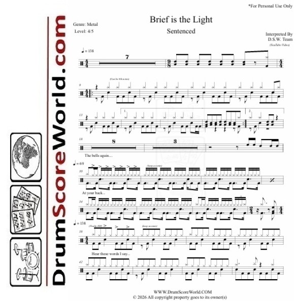 Sentenced - Brief Is The Light – Drum Sheet